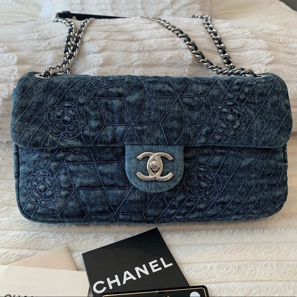 Chanel Camelia Denim single flap with shiny silver hardware